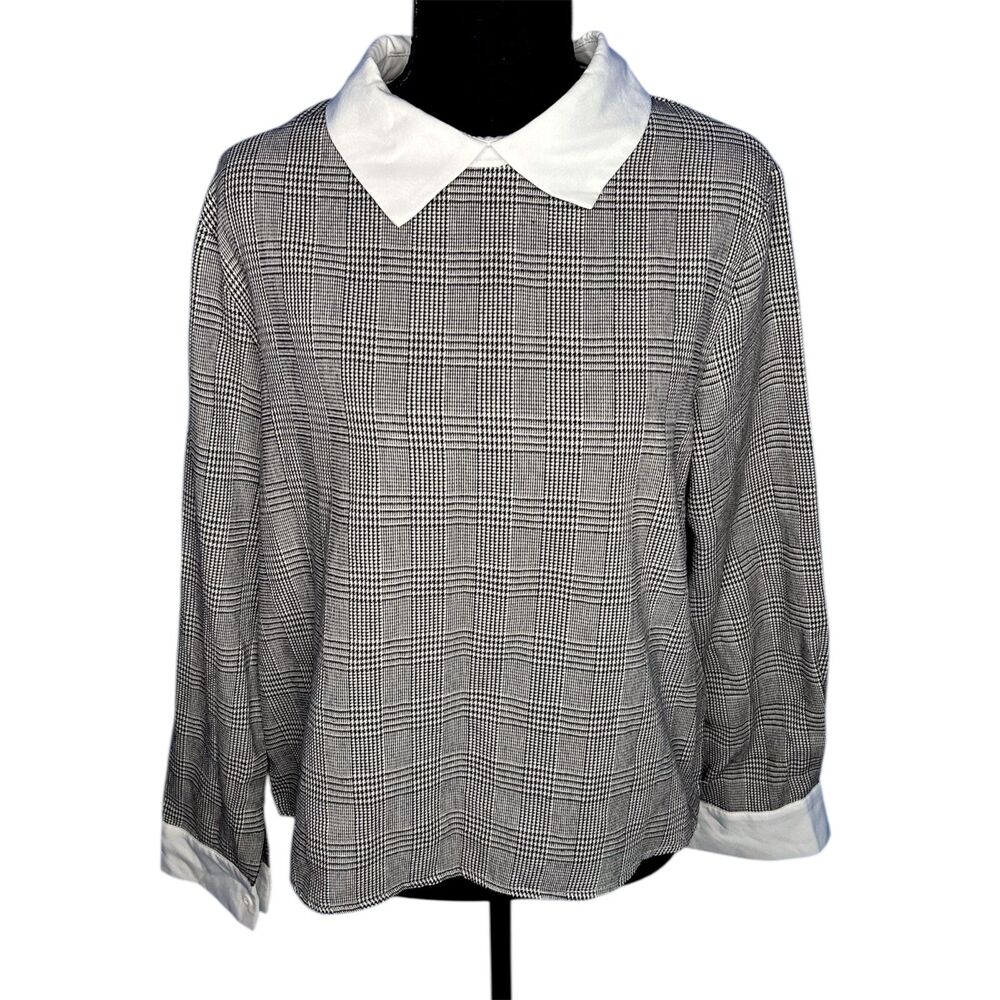 Womens M Houndstooth Contrast Collar Keyhole Blouse Classic Preppy Gossip Girl